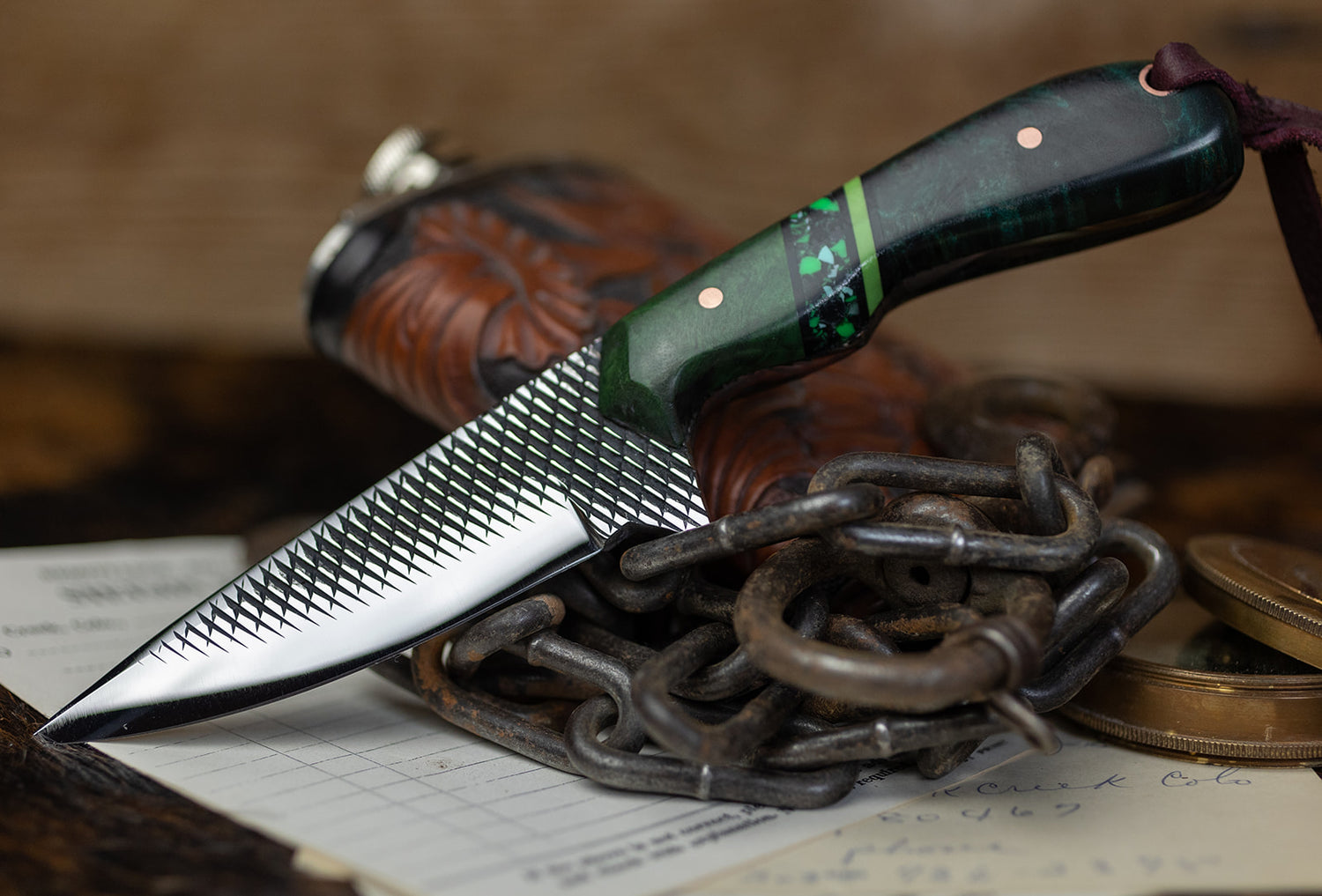 Stetson forge maverick style knife with farrier rasp blade and segmented handle